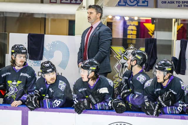 Manchester Storm forward Harry Gulliver, centre, will ice for Leeds Knights this weekend. Picrture courtesy of Mark Ferriss/EIHL.
