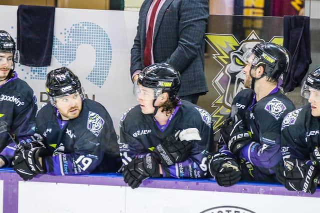 NEW FACE: Harry Gulliver, centre, will lace-up in his first game for Leeds Knights tonight after agreeing a two-way deal with parent club, Manchester Storm. Picture courtesy of Mark Ferriss/EIHL.
