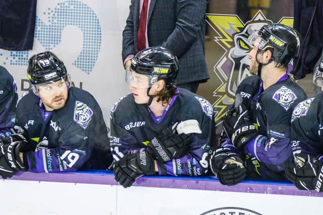 JUST IN: Harry Gulliver, centre, has joined Leeds Knights on a two-way deal from Manchester Storm. Picture: Mark Ferriss/EIHL.