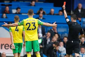 Norwich City defender Ben Gibson is sent off against Chelsea. Pic: Getty