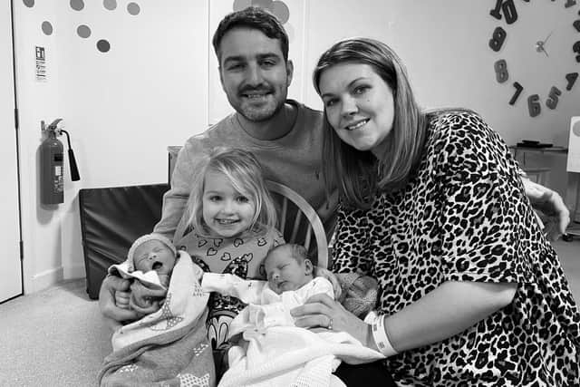 Jonny and Rebecca Battye, big sister Ella-Rose and twins Amelia-Grace and Imogen.