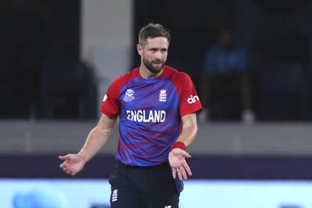 England's Chris Woakes impressed with 2-23 from his four overs against Australia in Dubai. Picture: AP/Aijaz Rahi