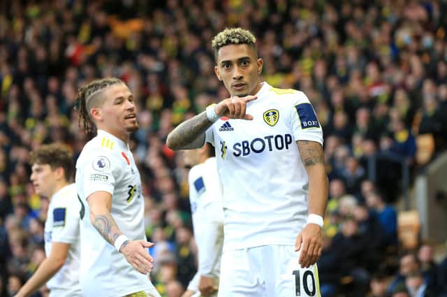 Leeds United winger Raphinha celebrates at Carrow Road. Pic: Getty