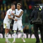 Leeds United's Kalvin Phillips and Raphinha celebrate at Carrow Road. Pic: Getty