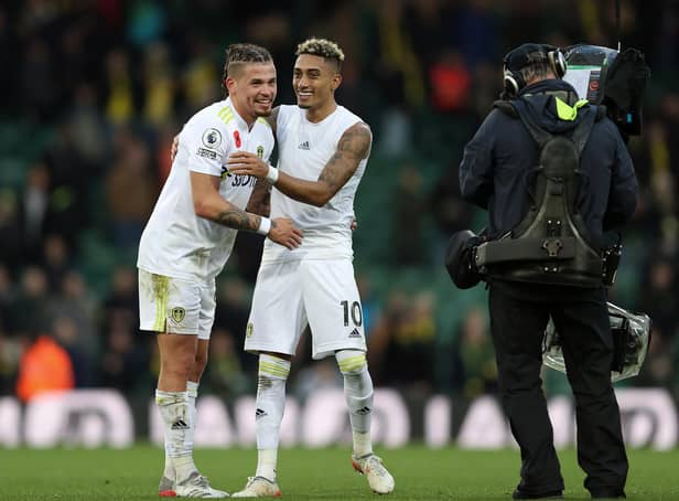 Leeds United's Kalvin Phillips and Raphinha celebrate at Carrow Road. Pic: Getty