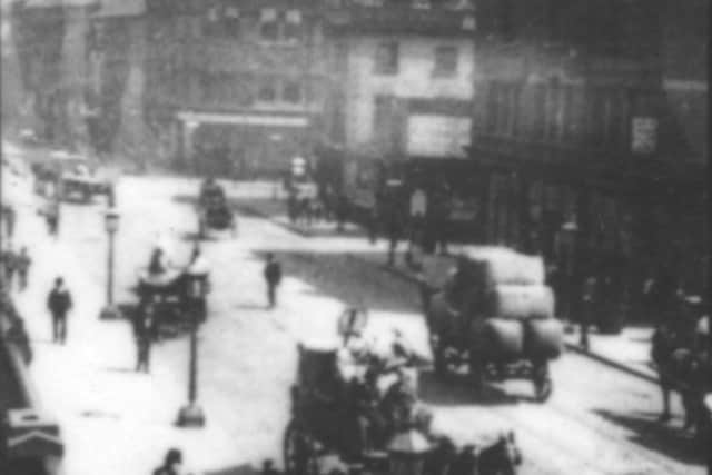 A still frame from the first moving images made by Louis le Prince on Leeds Bridge in 1888.
