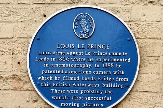 A blue plaque placed by Leeds Civic Trust at Leeds Bridge.