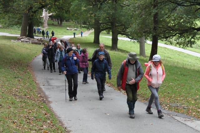 Walkers on the Jerry Pearlman Way through Harewood Park.