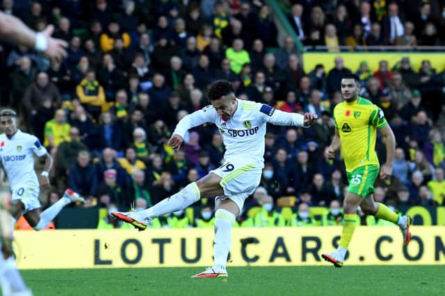 Rodrigo scores the winning goal against Norwich City at Carrow Road on Sunday. Picture: Simon Hulme/JPIMedia.