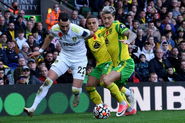 DIFFERENT ROLE: Leeds United winger Jack Harrison, left, started Sunday's clash at Norwich City in the no 9 role but was soon moved back out wide. Picture by Simon Hulme.
