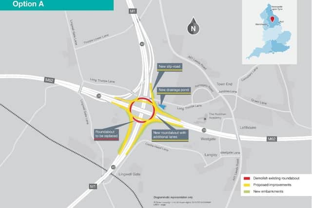 Option A: Would see the existing roundabout replaced with a new one with additional lanes built to the latest standards. Picture: National Highways.