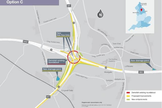 Option C: Would see new free-flow links provided between the M62 and M1 to remove the need for vehicles to stop at the interchange with the existing roundabout removed. Picture: National Highways.