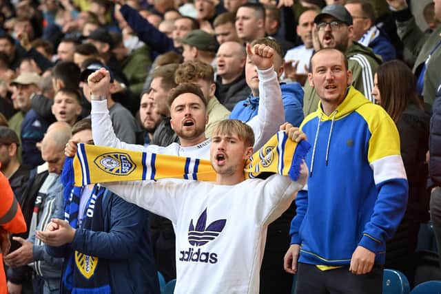 Leeds United fans singing at Elland Road. Pic: Bruce Rollinson.