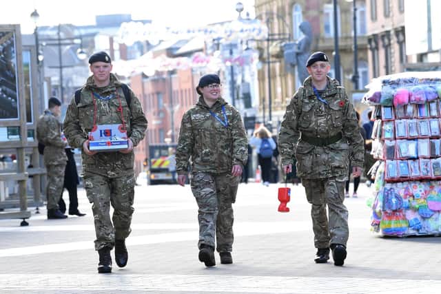 Members of the armed forces supporting Leeds Poppy Day.
Photo: Simon Hulme.