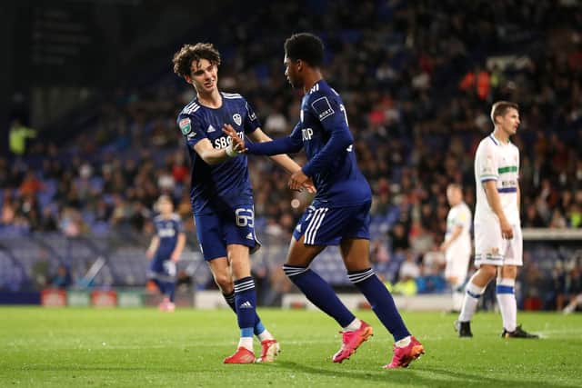 YOUTH INTERNATIONAL DUTY: For 15-year-old Leeds United attacker Archie Gray, left, pictured after setting up Amari Miller's goal in September's EFL Trophy clash against Tranmere Rovers. Photo by Lewis Storey/Getty Images.