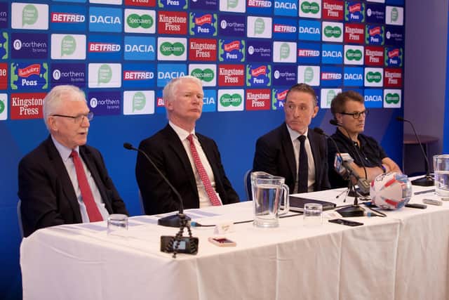 BREAKAWAY: Ian Lenegan (Wigan Warriors), Eammon McManus (St Helens), Robert Elstone (CEO Super League), Simon Moran (Warrington Wolves), pictured in the summer of 2018. Picture by Paul Currie/SWpix.com