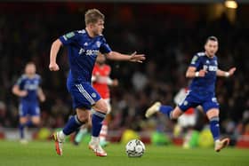 Joe Gelhardt in action for Leeds United at the Emirates. Pic: Bruce Rollinson.