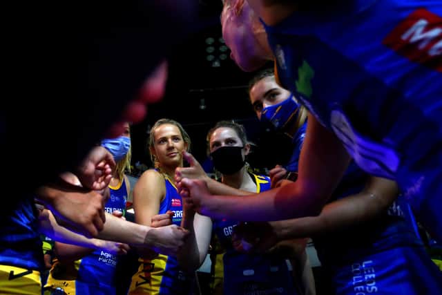 Leeds Rhinos players in the huddle during the Vitality Netball Superleague finals in London this year. Picture: Chloe Knott/Getty Images.