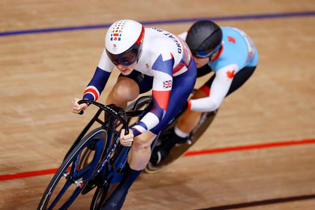 Katy Marchant of Team Great Britain sprints ahead of Lauriane Genest of Team Canada during the Women's sprint in Tokyo. (Picture: Tim de Waele/Getty Images)