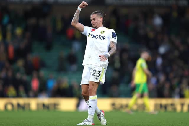 BACK IN THE SQUAD: Leeds United's England international star Kalvin Phillips, pictured celebrating Sunday's 2-1 victory at Norwich City upon his return to Premier League action with the Whites. Photo by Julian Finney/Getty Images.