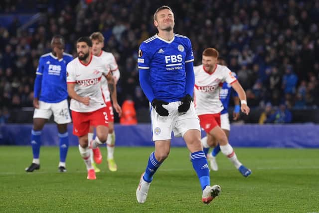 FRUSTRATION: Leicester City striker Jamie Vardy closes his eyes after seeing his penalty saved in Thursday night's 1-1 draw against Europa League visitors Spartak Moscow. Photo by Laurence Griffiths/Getty Images.
