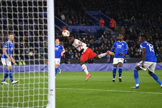 'SIMPLE': Victor Moses heads Spartak Moscow in front against Leicester City after being afforded far too much space by the Foxes. Photo by Michael Regan/Getty Images.
