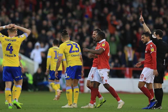 Leeds United's Kalvin Phillips is shown red by Darren England in a Championship match against Nottingham Forest. Pic: Matthew Lewis.