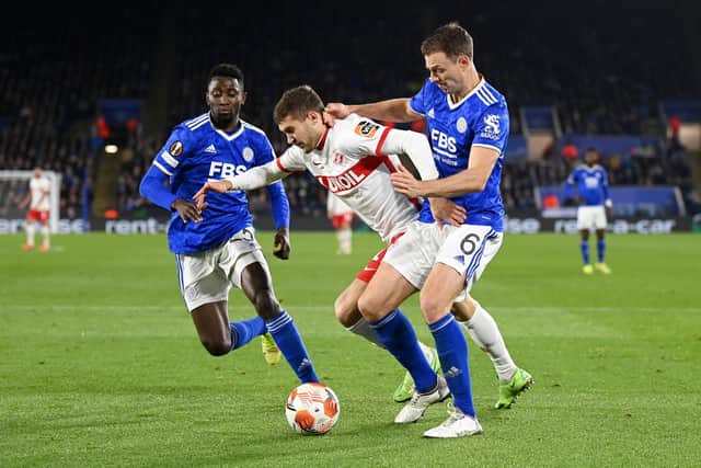FOXES RETURN: For key Leicester City player Wilfred Ndidi, left, in Thursday night's 1-1 draw at home to Spartak Moscow, pictured as Jonny Evans, right, keeps tabs on  Aleksandr Lomovitskiy, centre. Photo by Michael Regan/Getty Images.