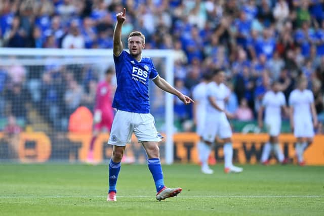 CHIEF THREAT: Leicester City striker Jamie Vardy, who is already on seven goals for the Premier League season, is favourite to score first in Sunday's Premier League clash against Leeds United at Elland Road. Photo by Clive Mason/Getty Images.