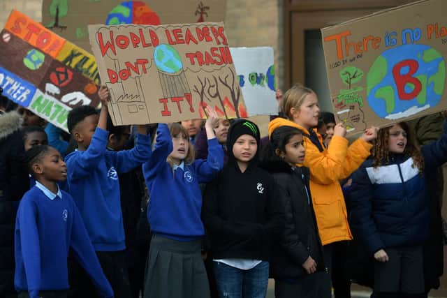 School pupils at Moor Allerton Hall Primary staged a strike and protest on Friday as they appealed to the government to add climate change issues to the national curriculum.