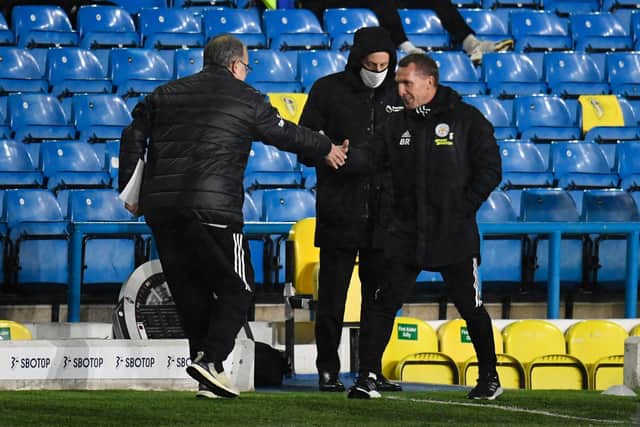 Leeds United's Marcelo Bielsa greets Leicester City's Brendan Rodgers. Pic: Getty
