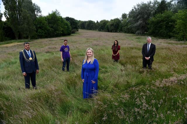 Covid Memorial Woodland in South Leeds Golf course. Pictured from left Lord Mayor Coun Asghar Khan, Giles Fretwell, Events Community Manager, Esther Wakeman CEO of Leeds Hospitals Charity, Coun Salma Arif and Leader of Leeds City Council Coun James Lewis. Picture: Gerard Binks