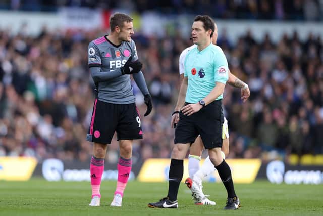 VAR CHECK - Jamie Vardy felt he had been fouled by Leeds United defender Diego Llorente in the first half of Leicester City's Elland Road visit. Pic: Getty