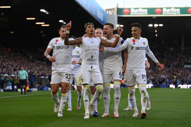 Leeds United celebrate Raphinha's opener. The Brazilian honoured Marília Mendonça, a 26-year-old singer who died in a plane crash this week, with his celebration. Pic: Michael Regan.