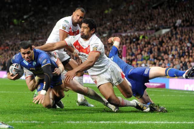 Brent Webb stretches out to score a crucial try in Leeds Rhinos’ 2011 Grand Final victory over St Helens. Picture: Bruce Rollinson
.