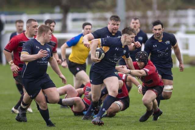 ON THE CHARGE: Leeds Tykes match winner Kieran Davies drives forward against Blackheath. Picture: Tony Johnson.