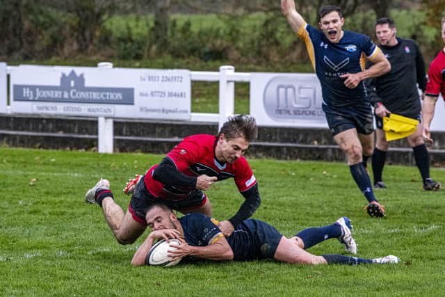 TOUCHING DOWN: Ben Dixon goes over to score Leeds Tykes' second try. Picture: Tony Johnson.