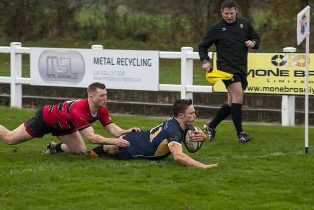 OPENING SALVO: Harry Jukes dives over for Leeds Tykes' first try against Blackheath. Picture: Tony Johnson.