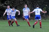 Jack Farrimond, third left, celebrates with his team-mates after scoring Pool's winner in a 2-1 West Riding County Challenge Cup victory against Carlton Athletic. Picture: Steve Riding.