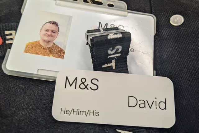 David Parke's pronoun name badge from Marks and Spencer