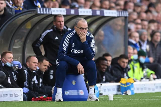 Leeds United head coach Marcelo Bielsa watches his team in action against Leicester City at Elland Road. Pic: Michael Regan.