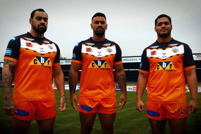 New signings Mahe Fonua, Kenny Edwards and Bureta Faraimo model Tigers' 2022 home jersey. Picture by Castleford Tigers/Elite Pro Sports.
