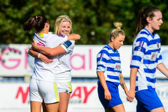 Leeds United Women's Laura Bartup celebrates with Catherine Hamill. Pic: LUFC.
