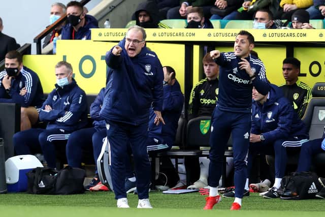 Leeds United head coach Marcelo Bielsa in the technical box with Marcos Abad. Pic: Julian Finney.