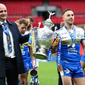 Luke Gale with Rhinos coach Richard Agar after last year's Challenge Cup win. Picture by Michael Steele/Getty Images.