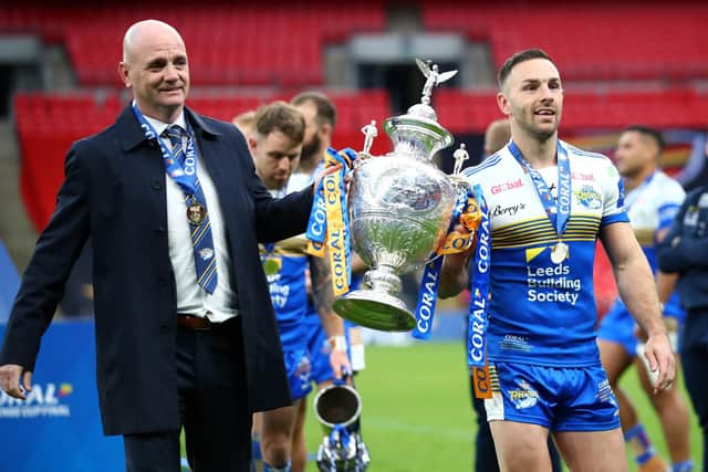 Luke Gale with Rhinos coach Richard Agar after last year's Challenge Cup win. Picture by Michael Steele/Getty Images.