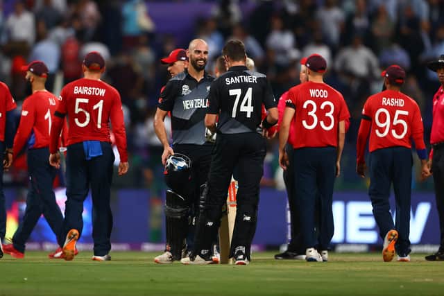 Daryl Mitchell of New Zealand celebrates with Mitchell Santner. (Photo by Francois Nel/Getty Images)
