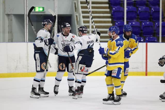 Sheffield Steeldogs' Jason Hewitt celebrates his equaliser towards the end of the second period at Ice Sheffield. Picture courtesy of Peter Best.