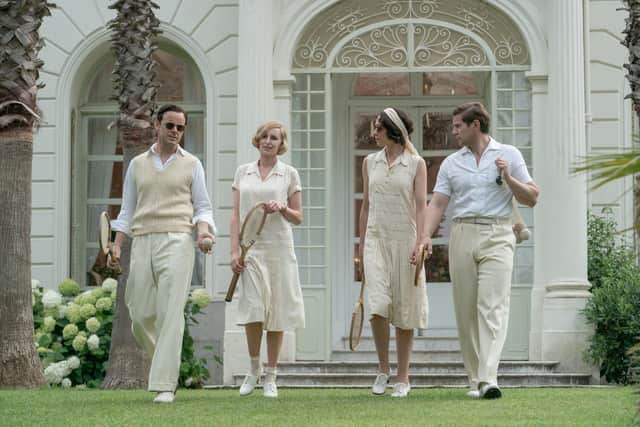 Pictured, from left to right, are Harry Hadden-Paton stars as Bertie Pelham, Laura Carmichael as Lady Edith, Tuppence Middleton as Lucy Smith and Allen Leech as Tom Branson are seen preparing for a tennis match. PIC:  Ben Blackall/Universal/PA Wire