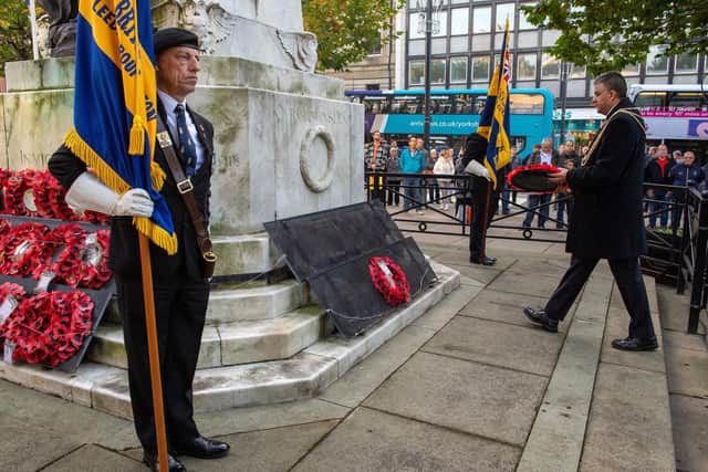 The Lord Mayor of Leeds, Councillor Asghar Khan, places his wreath at the Leeds War Memorial (Photo: Bruce Rollinson)